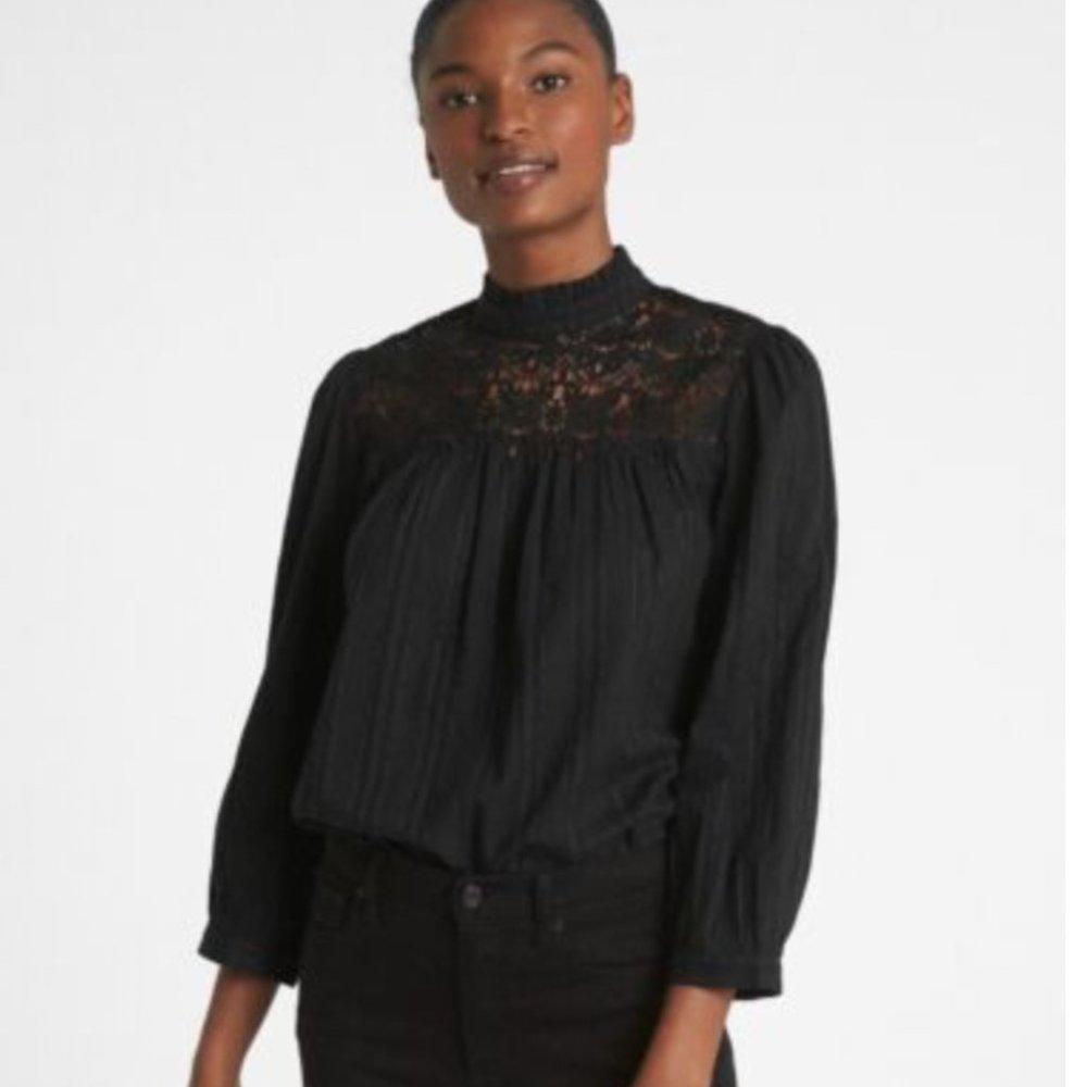GAP Black Lace Yoke Long-Sleeve Blouse
